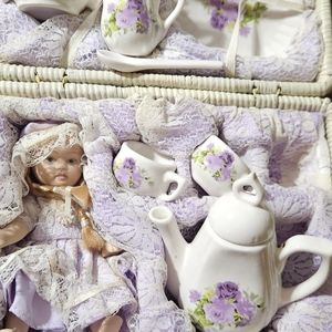 Porcelain Tea Picnic Basket w/Doll